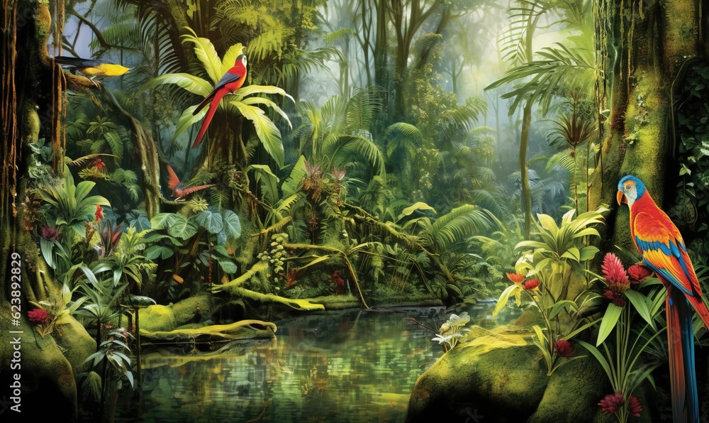 Fototapeta premium a painting of a tropical scene with parrots and plants. generative ai