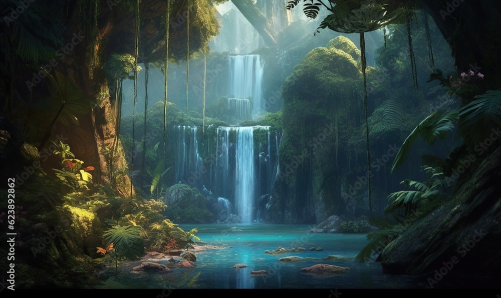  a painting of a waterfall in a tropical forest with blue water.  generative ai