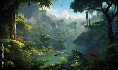  a painting of a tropical jungle with birds flying over the water. generative ai