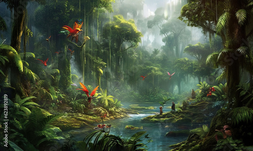  a painting of a jungle scene with birds flying over a stream.  generative ai © Anna