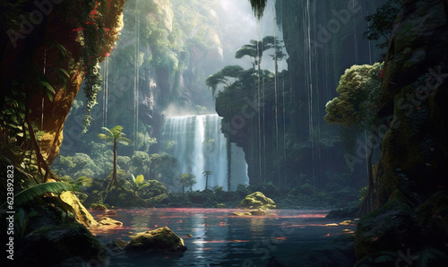  a painting of a waterfall in a tropical forest with red water.  generative ai © Anna