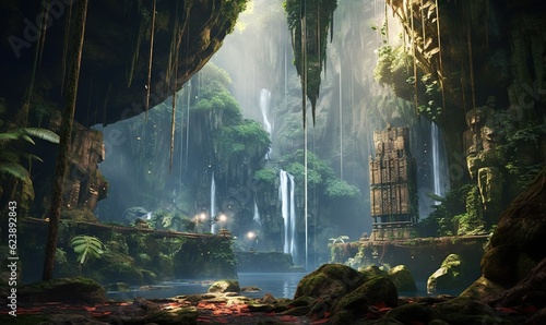  a scene of a jungle with a waterfall and a waterfall. generative ai