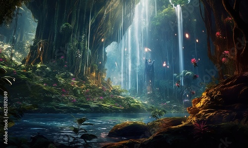  a painting of a forest with a waterfall in the middle. generative ai