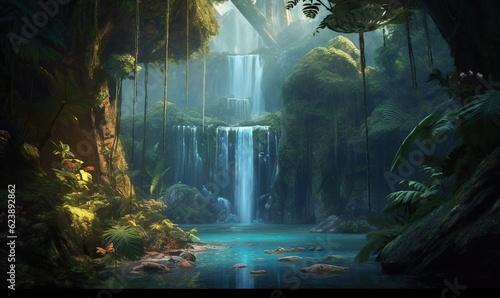  a painting of a waterfall in a tropical forest with blue water. generative ai