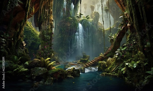  a painting of a waterfall in a jungle with a stream. generative ai
