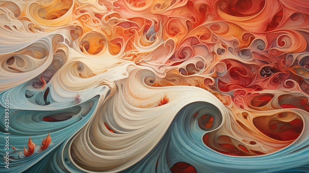  an abstract painting of a wave of water with red, orange, and blue colors.  generative ai