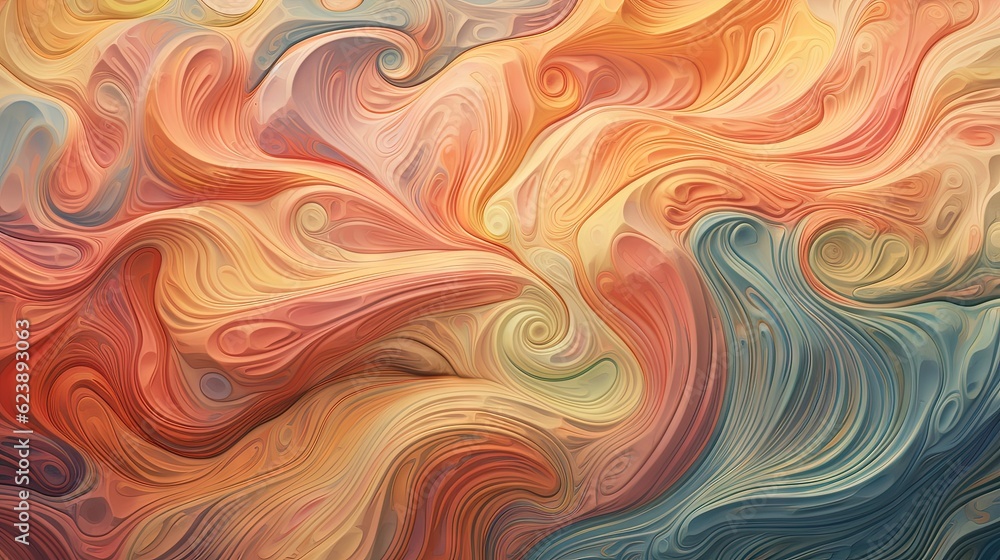 Obraz premium an abstract painting of a wavy pattern with a blue, orange, yellow and red hue. generative ai