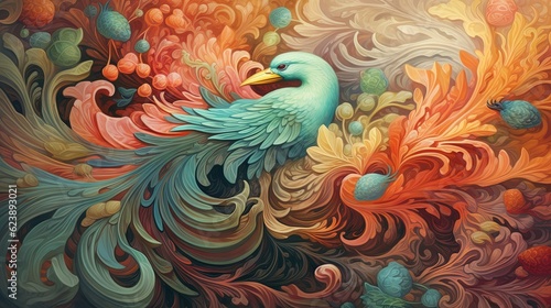  a painting of a colorful bird with feathers and flowers on it. generative ai