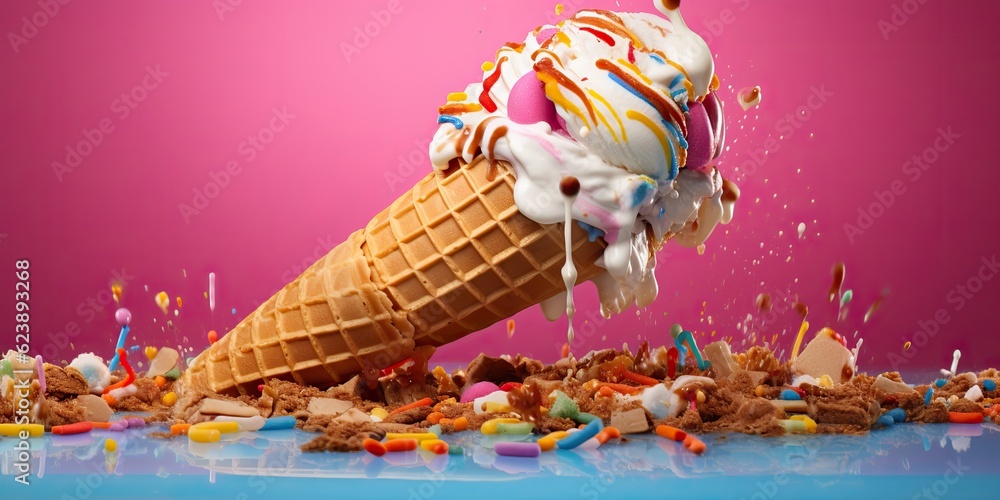 AI Generated. AI Generative. Fresh ice cream in waffle cone round. Chocolate vanilla desser vibrant bright color background mockup decoration. Graphic Art