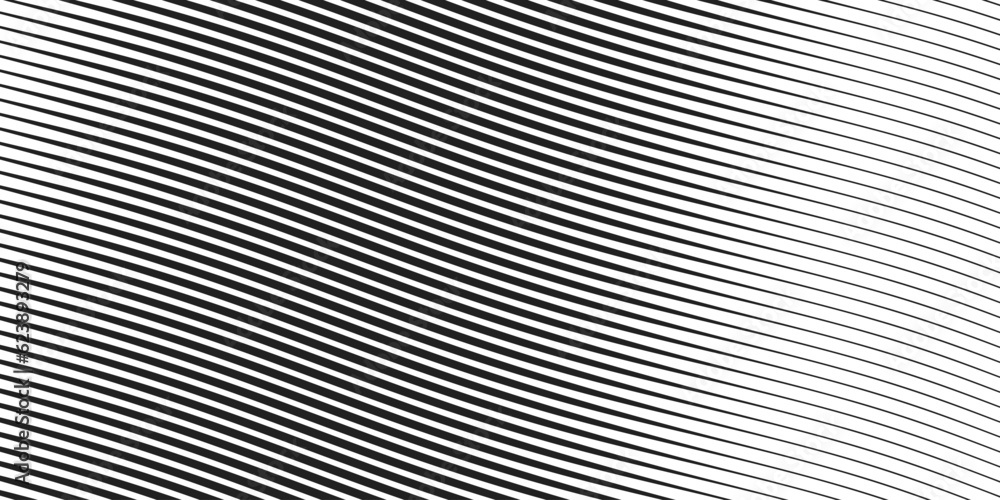 Diagonal lines halftone effect. Abstract black and white background with curve lines and waves. Banner.