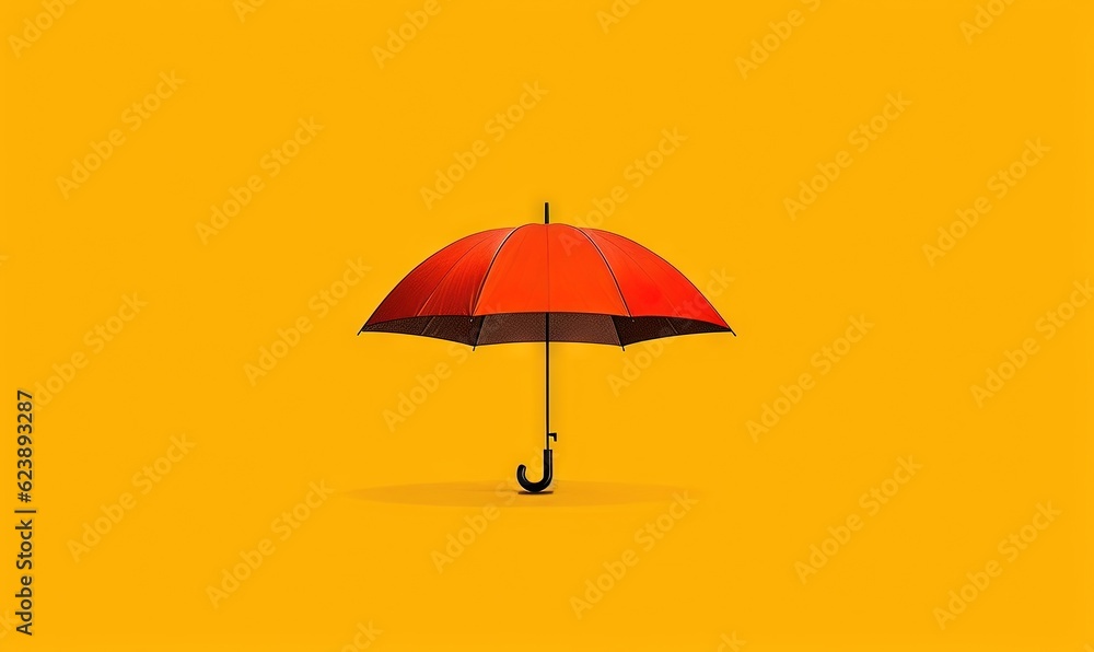  a red umbrella with a black handle on a yellow background.  generative ai