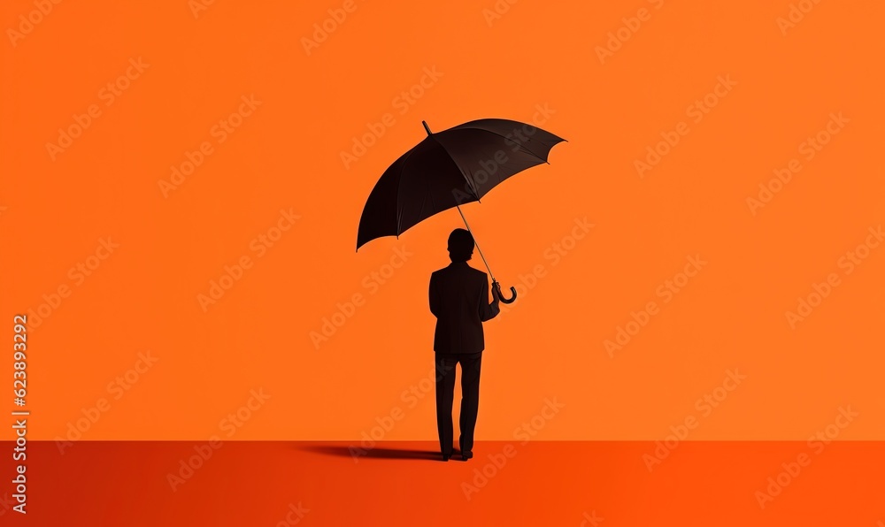  a man holding an umbrella in front of an orange background.  generative ai