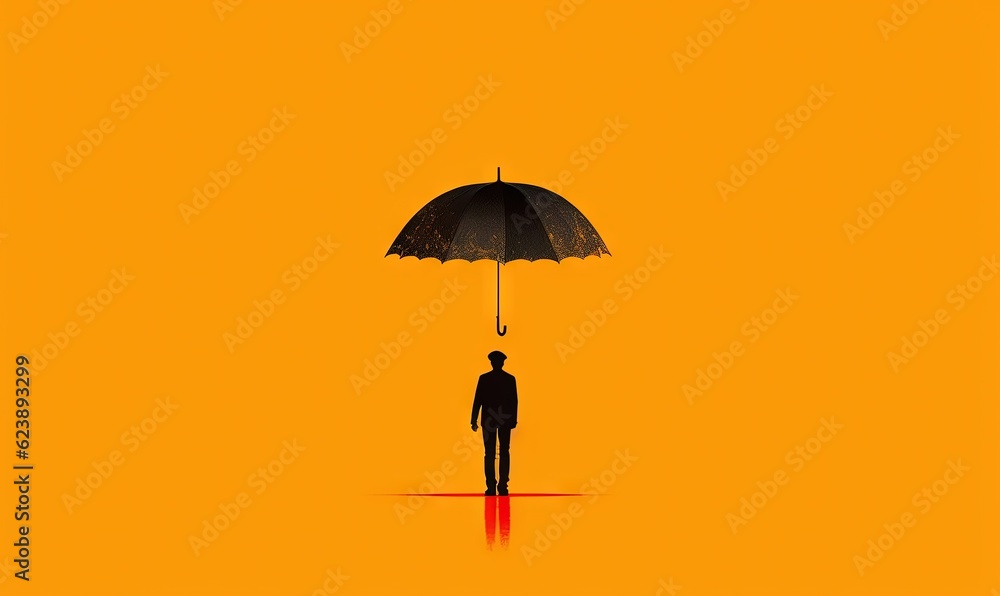  a man standing under an umbrella on a yellow background,.  generative ai
