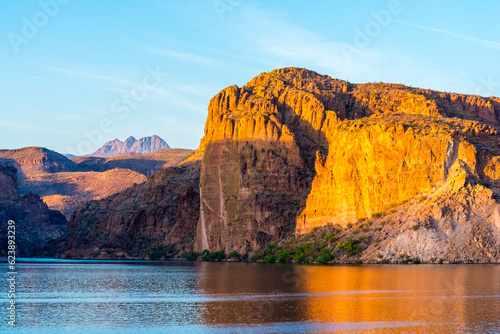 Canyon Lake in Arizona at sunset. Four Peaks can be seen in the distance. photo