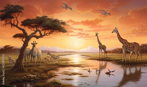  a painting of giraffes and other animals near a river.  generative ai