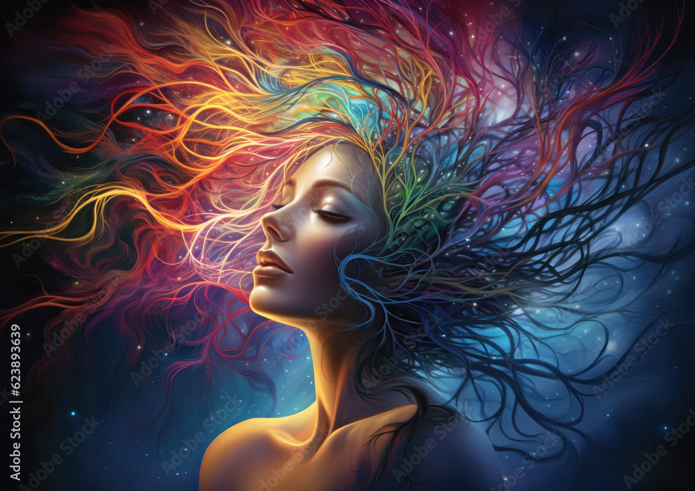 Fantasy woman with long colorful hair (AI)