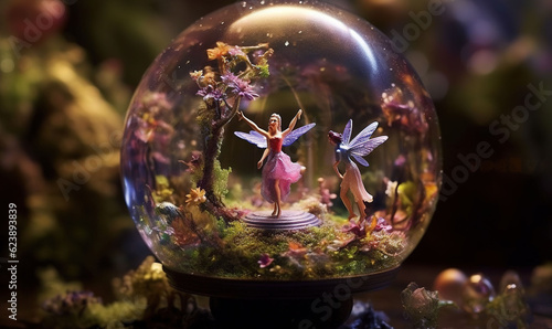  a glass ball with a fairy scene inside of it on a table.  generative ai