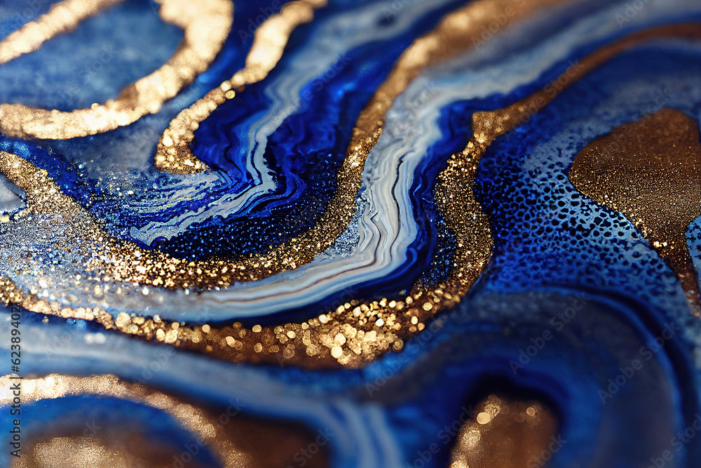 Blue and golden acrylic liquid ink swirl abstract background with ...