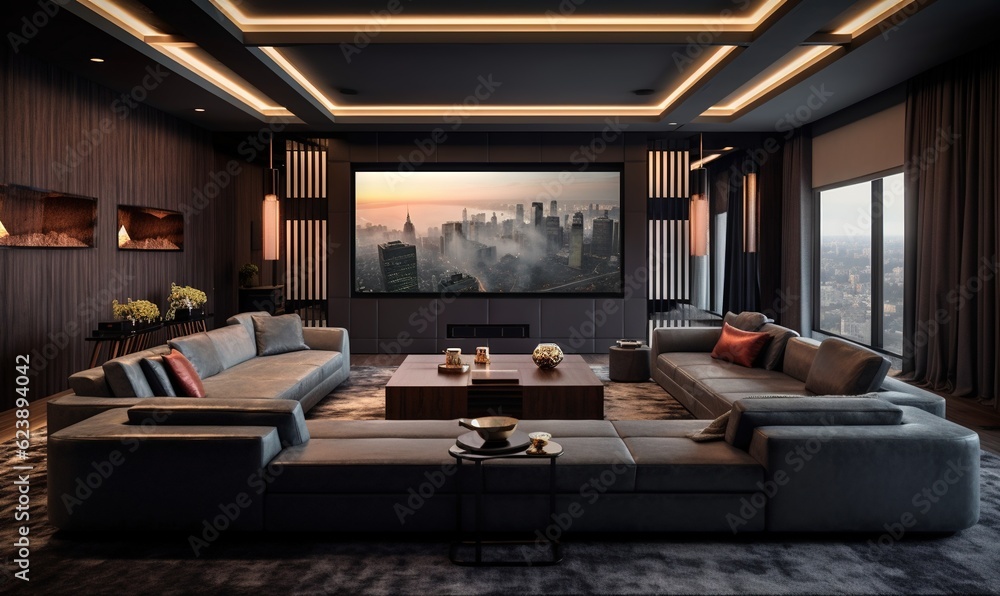 a living room with a large screen tv and a couch. generative ai a living room with a large screen tv and a couch. generative ai