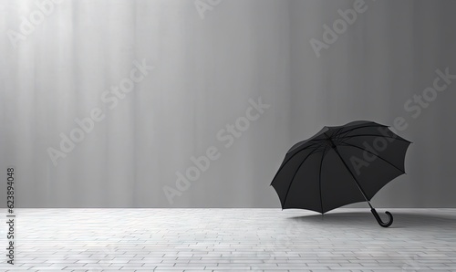  a black umbrella sitting on top of a white floor next to a wall.  generative ai