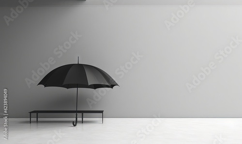  a black and white photo of a bench and an umbrella.  generative ai