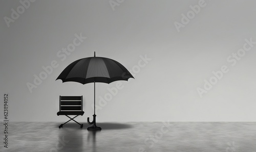  a black and white photo of a chair and an umbrella.  generative ai