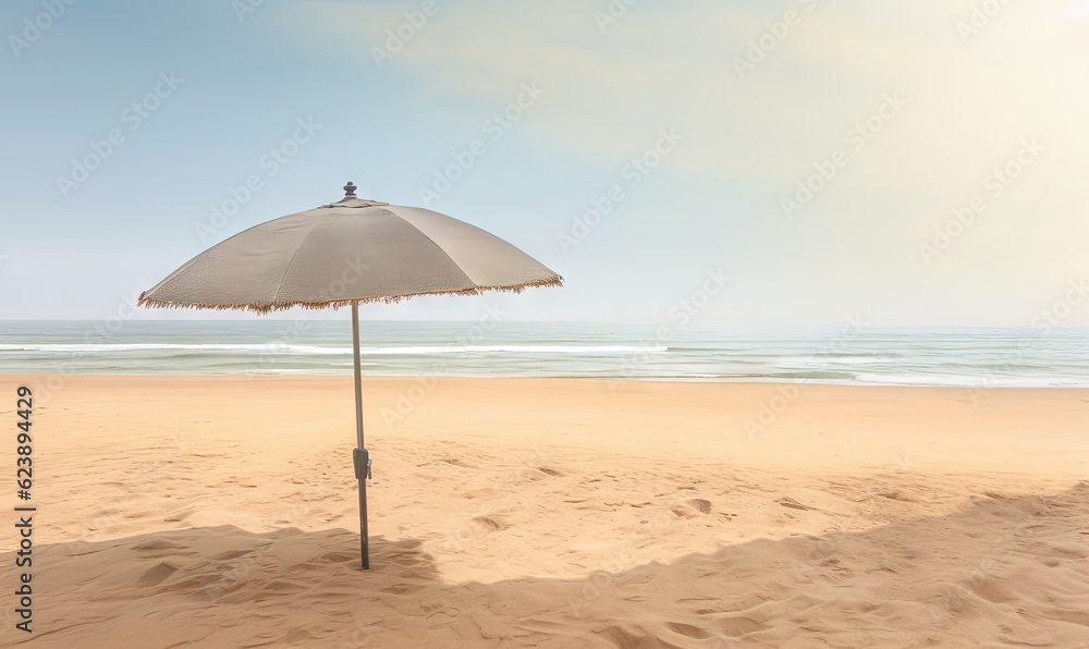  an umbrella on a beach with the ocean in the background.  generative ai
