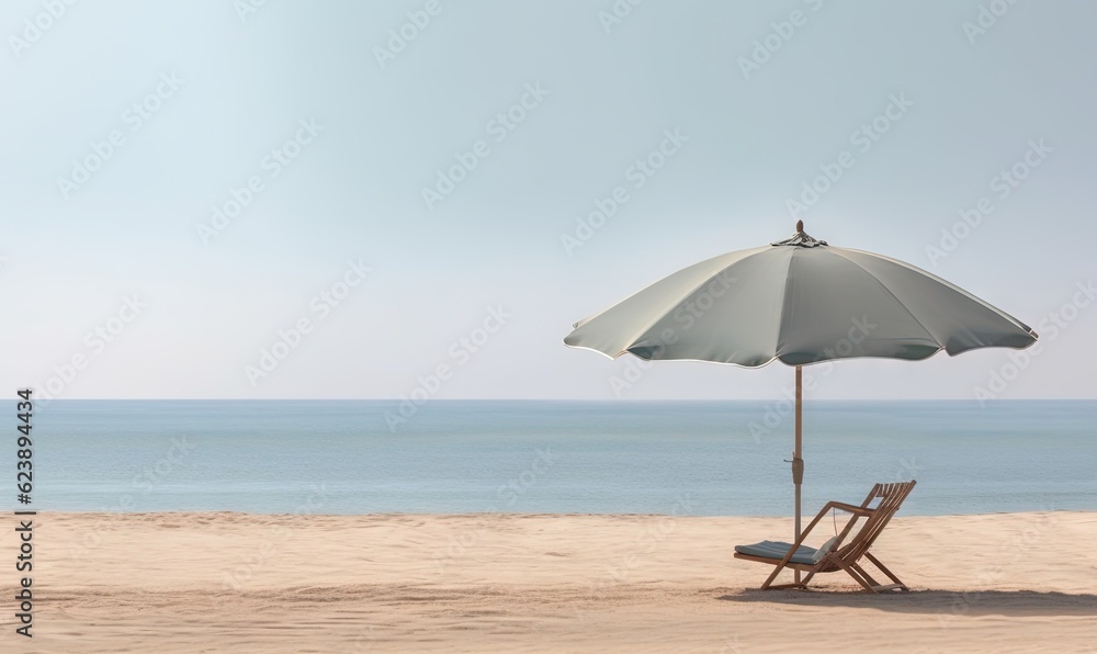  a beach chair under an umbrella on a beach with the ocean in the background.  generative ai