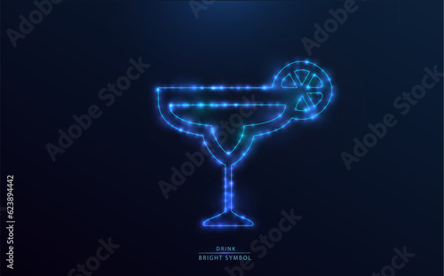 Starry drink. Stylized glass, bright outline with stars and blue light globes. Blue tropical cocktail. Symbol, light icon.