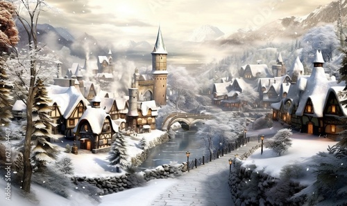  a painting of a snowy village with a bridge and a river.  generative ai © Anna