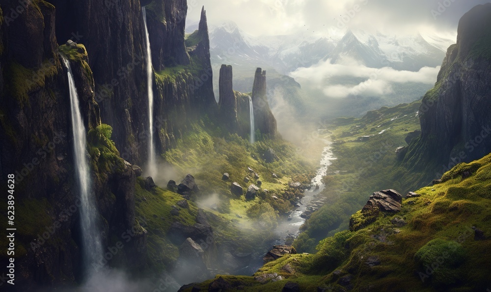  a mountain landscape with a waterfall in the middle of it.  generative ai