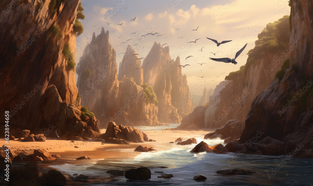  a painting of birds flying over a rocky beach next to the ocean.  generative ai