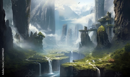  a painting of a fantasy landscape with a waterfall and a forest. generative ai