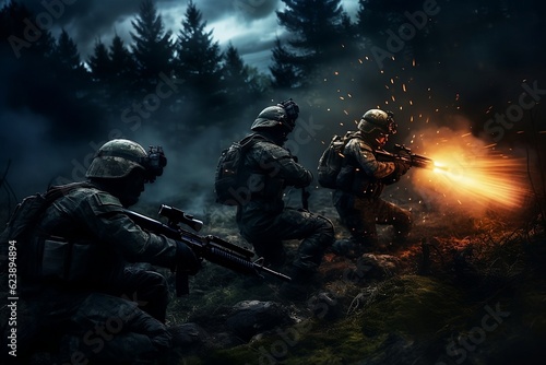 a group of soldiers in full military gear fighting at night
