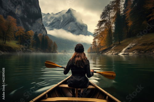 Back view of woman is sailing on boat on lake in beautiful mountain landscape. Outdoor activities. Sporty lifestyle. Created with Generative AI