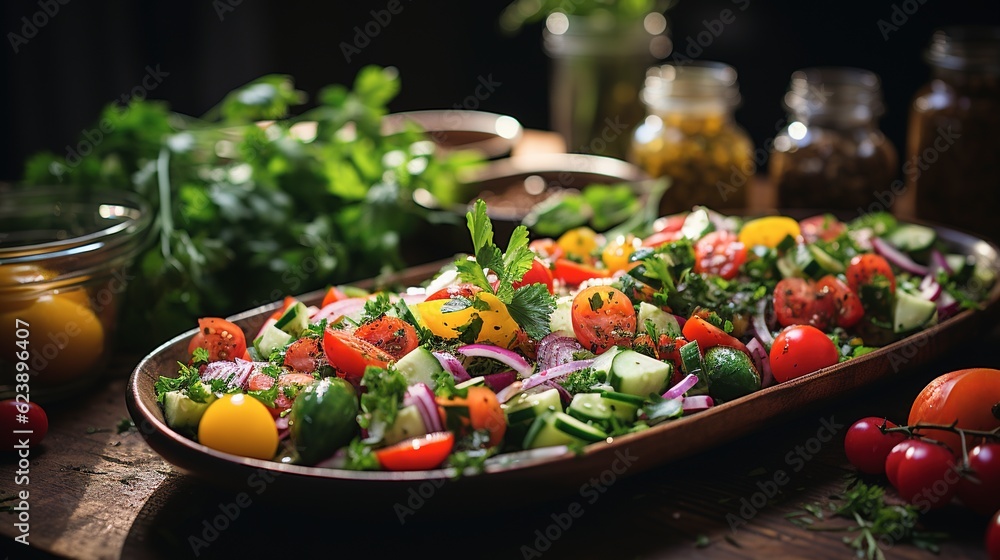 Fresh vegetable salad in a plate on the table. Tomato, cucumber, onion. Generative AI Fresh vegetable salad in a plate on the table. Tomato, cucumber, onion. Generative AI