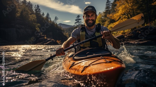 Kayaking on the river, young happy people Generative AI