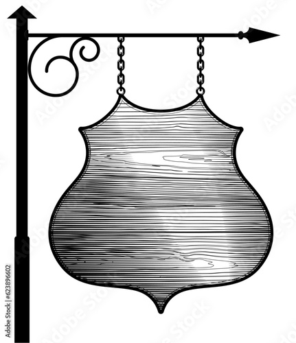 Wood shield sign board hanging on chains isolated on white background. Vintage engraving stylized drawing. Vector illustration