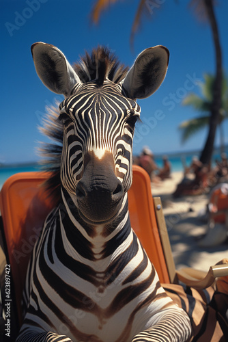 Vertical portrait of relaxed, funny zebra animal smiling and enjoying sunbathing at seaside resort, chilling and lounging on beach sand. Vacation rest in hot country beach concept. Generative AI © Valeriia