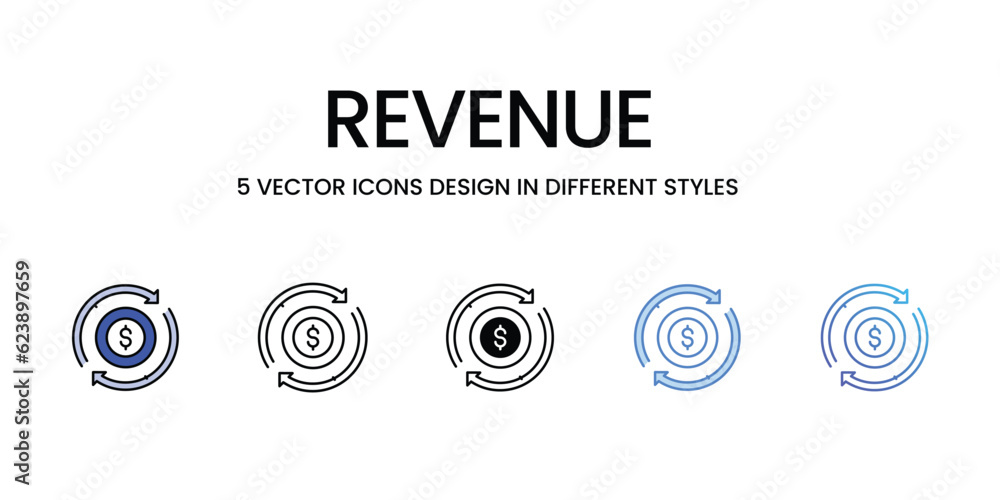 Revenue Icon Design in Five style with Editable Stroke. Line, Solid, Flat Line, Duo Tone Color, and Color Gradient Line. Suitable for Web Page, Mobile App, UI, UX and GUI design.