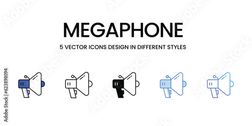 Megaphone Icon Design in Five style with Editable Stroke. Line, Solid, Flat Line, Duo Tone Color, and Color Gradient Line. Suitable for Web Page, Mobile App, UI, UX and GUI design.
