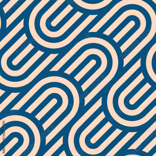 Vintage Boho Vector Graphic Seamless Pattern With Blue Beige Colour Palette. Bohemian Retro Art Style 50s 60s 70s Repetitive Abstract Background. Retro Trendy Old Fashioned Loopable Textile Print