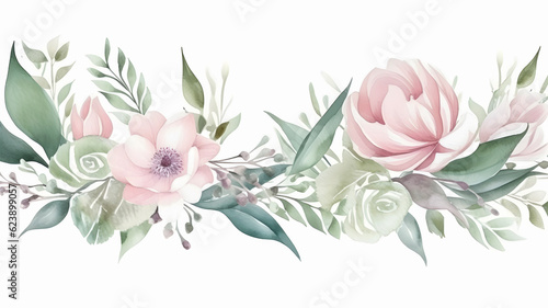 Bouquet border - green leaves and blush pink flowers on white background. Watercolour hand painting. Ai generated