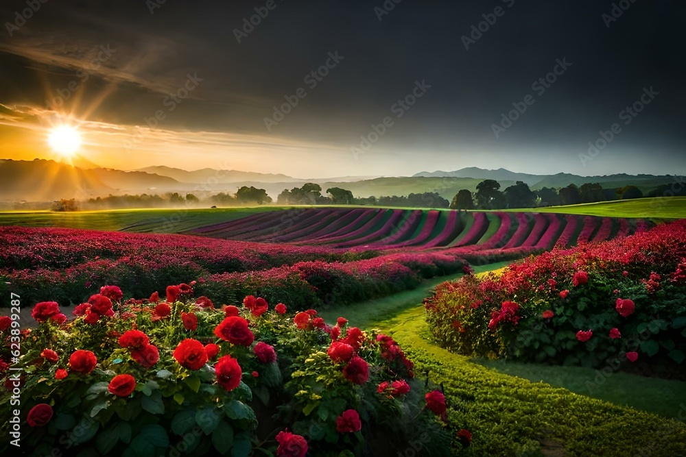 tulip field at sunset
