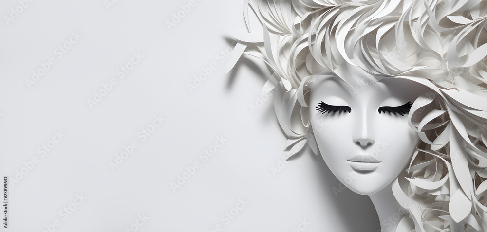 Paper art pretty women face on white background, free space, super sharp. AI generated