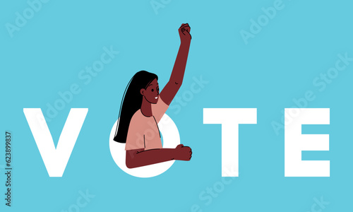 African american woman calls to vote. Election and suffrage women concept. Right to vote in elections. Struggles for rights. Woman raised her hand in call for support near big letters of word Vote.