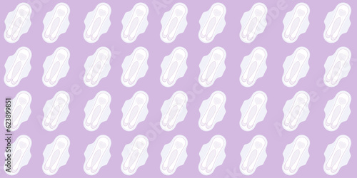 Seamless pattern with sanitary pad on lilac background. Feminine hygiene. Personal hygiene item for menstruation. Texture with female pad. Vector illustration with sanitary napkin