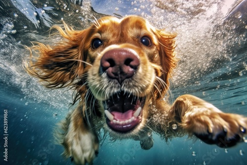 Dog diving underwater. Dog swimming underwater.