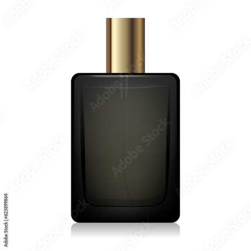 Black glass perfume bottle mockup with golden spray and cap. 3d vector square shape bottle for fragrance. Packaging for beauty product. Elegant cosmetic bottle. Realistic bottle mockup template