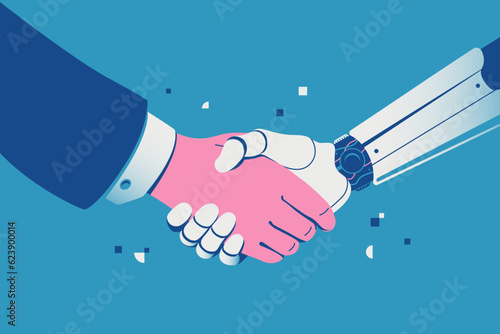 Handshake with a robot. Robot and businessman shaking hands. Collaboration between human and artificial intelligence. Robotization in business. Vector illustration.